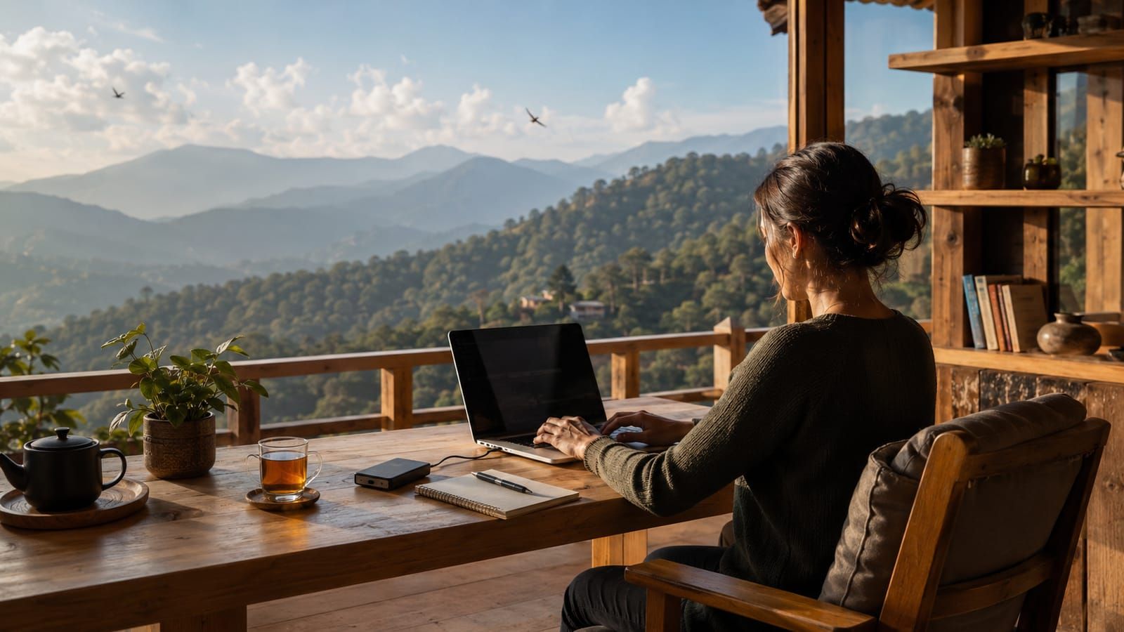 A furnished balcony workspace with tea, a bookshelf, and a laptop overlooking forested hills