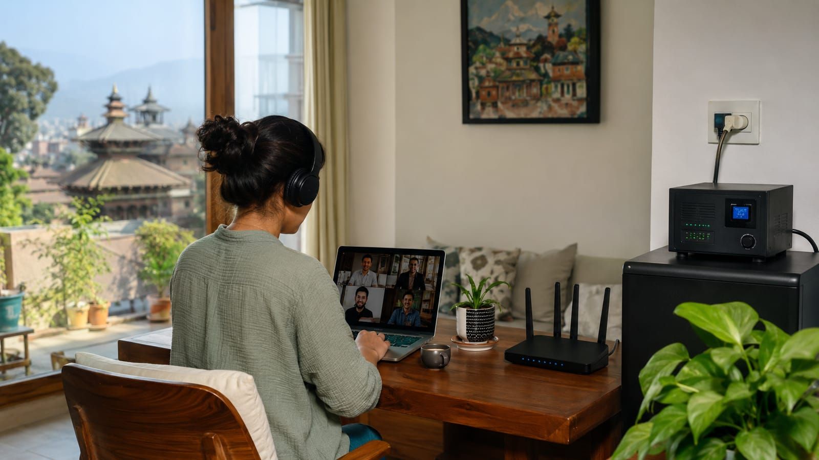 A router and a battery backup unit plugged in beside a desk, with a temple rooftop visible through the window