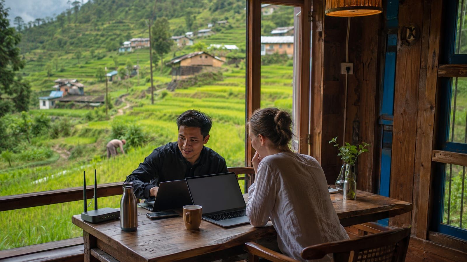 A local resident and a visiting remote worker talking over laptops at a table above green rice terraces