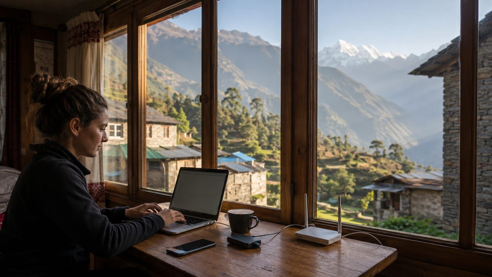 A laptop, phone, and router on a windowsill table in a hill teahouse, with high Himalayan peaks visible outside