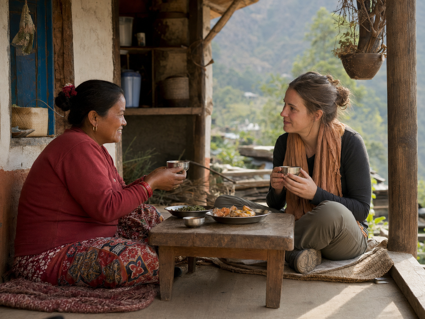 Local host sharing a warm village welcome with a traveller